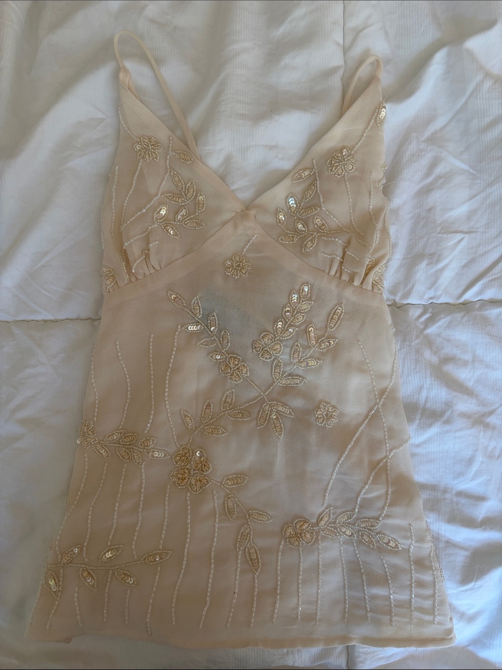 twik Champagne-Beige Embellished Floral Slip Tank